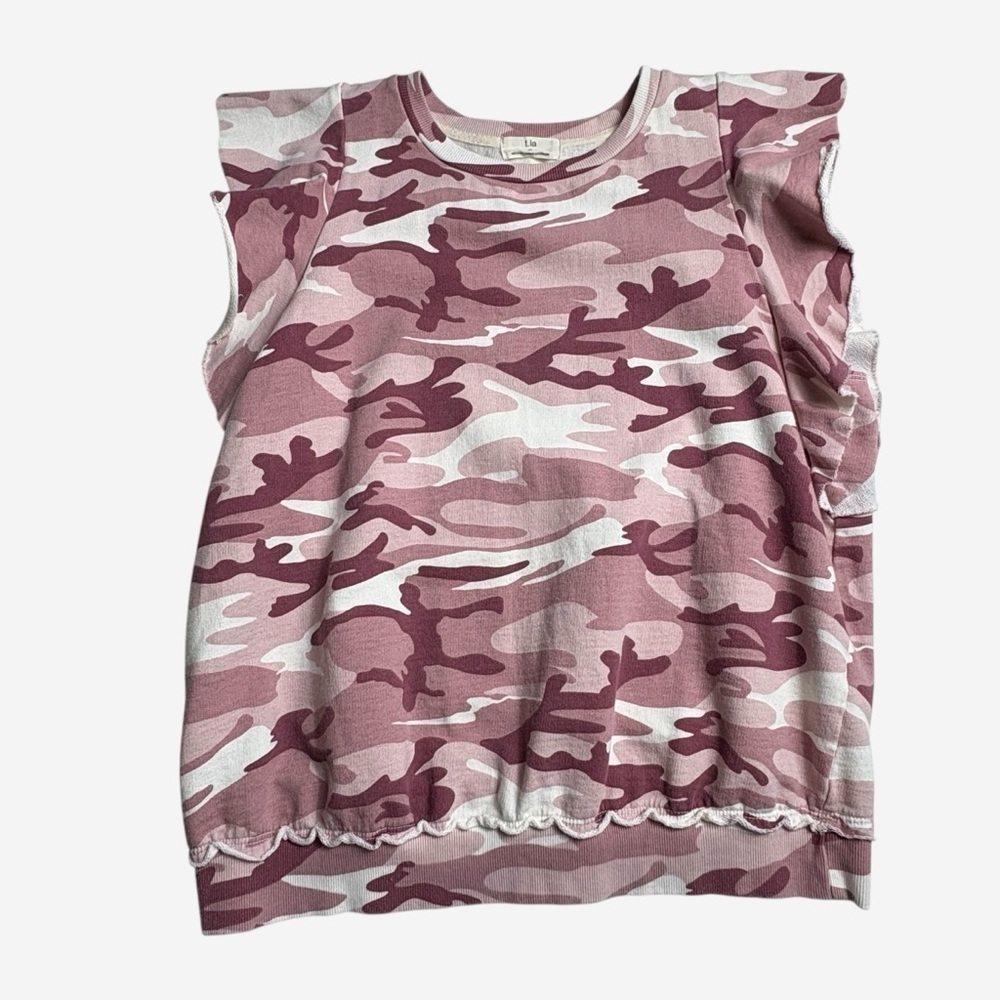Anthropologie t.la Ruffle Sleeve Sweatshirt Size L Rose Pink Camo Cotton - Picture 5 of 11